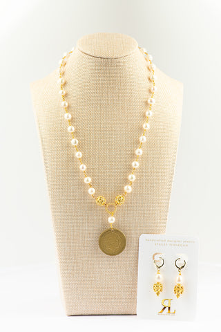 Pearl Necklace with Gold Bali Balls and Authentic Greek Drachma