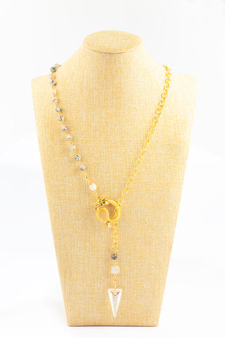 Golden Dragon Lariat with Rainbow Moonstone, Rutilated Jade and a Swarovski Crystal Spike