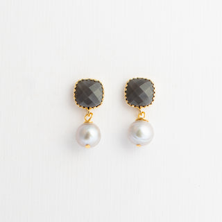 Gray Freshwater Pearl on Gray Cushion Cut Gold Plated Crystal Posts To Roam With Love