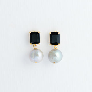 Gray Freshwater Pearls on Black Emerald-Cut Crystal, Gold Plated Posts To Roam With Love