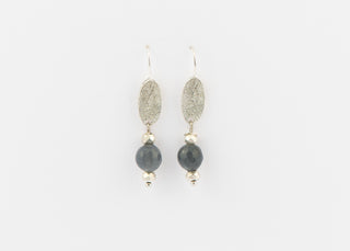 Gray Jade and Silver Pyrite on Etched Silver Ear Wire