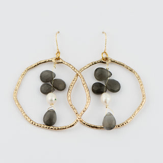 Grey Moonstone and Pearl Earrings with Gold Hoop and 14KG Filled Sparkling Ear Wire To Roam With Love