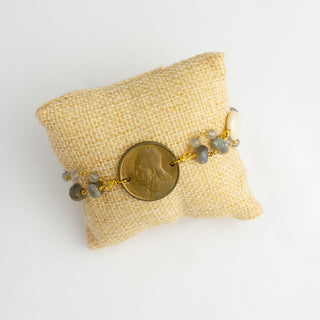 Authentic Greek Drachma Bracelet with Labradorite and Pearl Chain and Labradorite Box Clasp To Roam With Love