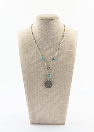 Greek Drachma Coin Necklace with Blue Topaz and Apatite To Roam With Love