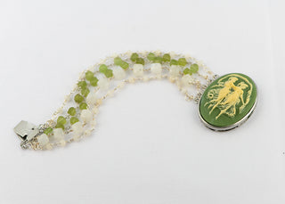 Green Cameo Bracelet with Rainbow Moonstone and Peridot