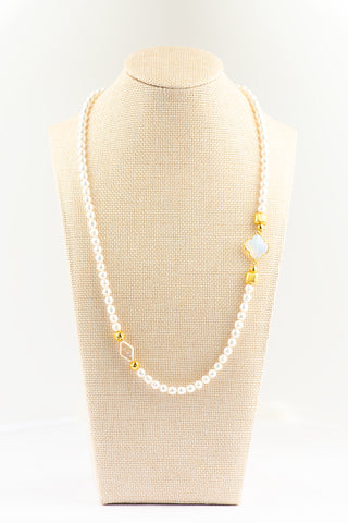 Hand Strung Baroque Pearl Necklace with Clover Opalite and Gold Accents To Roam With Love