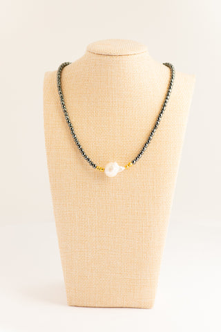 Hematite, Pytire and Baroque Pearl Choker To Roam With Love