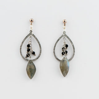 Marquise Shaped Labradorite and Black Tourmaline on Teardrop Pave Silver Hanger To Roam With Love