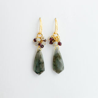 Labradorite Earrings with Garnet and Labradorite Clusters on Gold Vermeil To Roam With Love