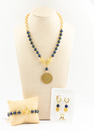 Genuine Lapis and Hematite Necklace with Greek Drachma Pendant