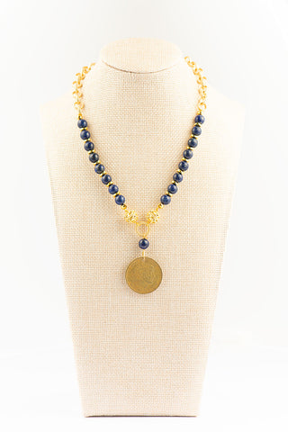 Genuine Lapis and Hematite Necklace with Greek Drachma Pendant
