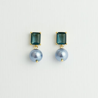 Blue Pearl Earrings on Emerald Cut Blue Crystal Post To Roam With Love
