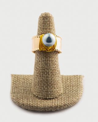 Light Blue Pearl Ring on Rimmed Gold Cigar Band To Roam With Love