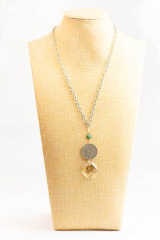 Silver Layering Necklace with Emerald, Swarovski Crystal, and Greek Drachma To Roam With Love