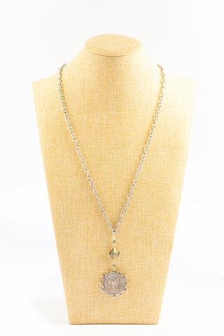 Long Silver Necklace with Labradorite Clover and Horse Pendant To Roam With Love