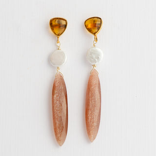 Chocolate Moonstone Earrings with Pearl and Citrine Posts To Roam With Love