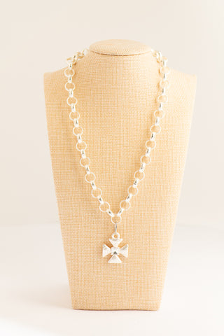 Silver Necklace with Silver and Crystal Cross and Rainbow Moonstone Box Clasp To Roam With Love