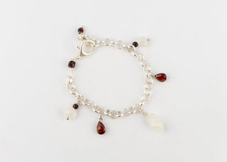 Garnet and Rainbow Moonstone Bracelet in Matte Silver