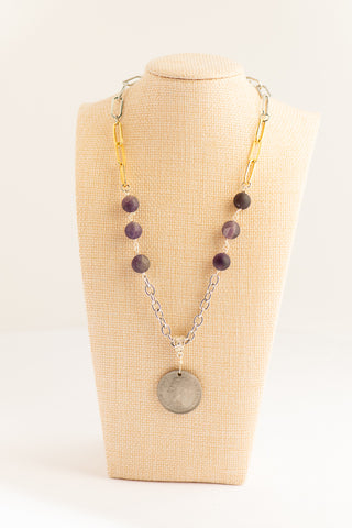 MIxed Metal Necklace with Amethyst and Spainsh Coin To Roam With Love