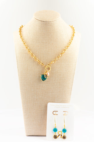 Front Toggle Neon Apatite Necklace with Pink Pearl and Smokey Quartz