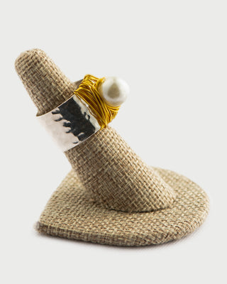 Pearl Ring on Hammered Silver Cigar Band To Roam With Love