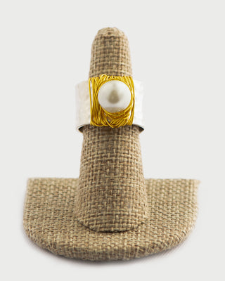 Pearl Ring on Hammered Silver Cigar Band To Roam With Love