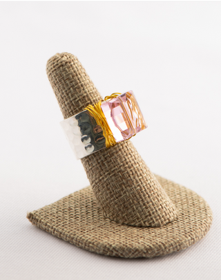 Pink Swarovski Ring on Hammered Silver Band To Roam With Love