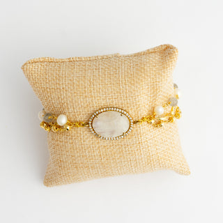 Rainbow Moonstone Bracelet with Labradorite, Pearl, Pyrite, Crystal and Mother of Pearl To Roam With Love