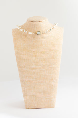 Silver Necklace with Silver and Crystal Cross and Rainbow Moonstone Box Clasp To Roam With Love