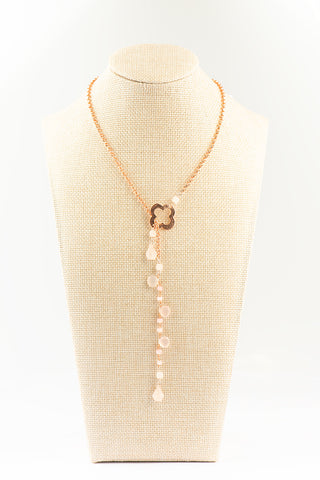 Rose Gold Clover Lariat with Dangling Rose Quartz To Roam With Love