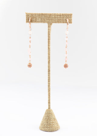 Natural Rose Quartz Dangle Earrings with CZ / Pave Rose Gold Balls To Roam With Love
