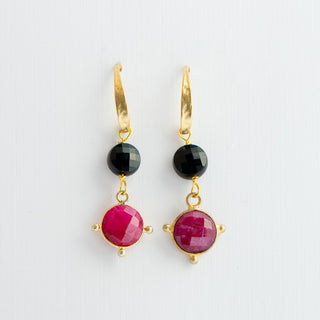 Gold Plated Ruby and Black Tourmaline Earrings on Gold Vermeil Hanger To Roam With Love