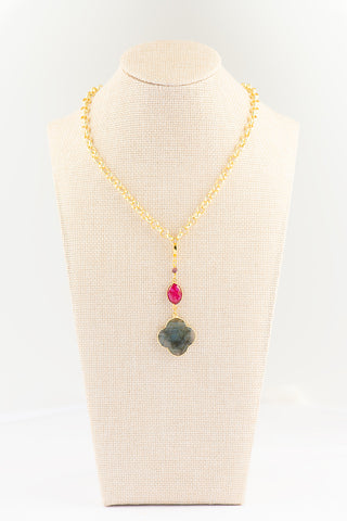 Natural Labradorite and Ruby Necklace on Matte Gold Chain with Removable Pendant