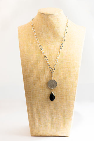 Silver Paperclip Chain with Greek Drachma and Swarovski Crystal To Roam With Love