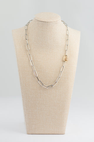 Mixed Metal Necklace with Silver Paperclip Chain and Gold Pave Carabiner To Roam With Love