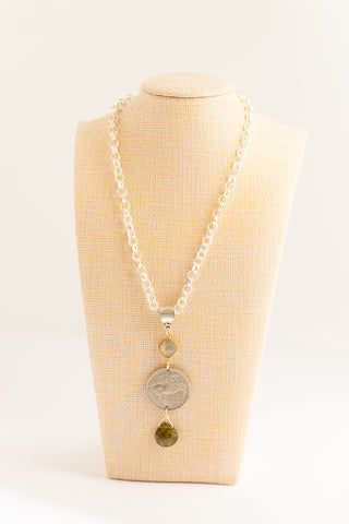 Matte Silver Rolo Necklace with Double Labradorite and Greek Drachma To Roam With Love