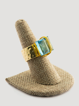 Aquamarine Swarovski Crystal Ring on Hammered Gold Band To Roam With Love