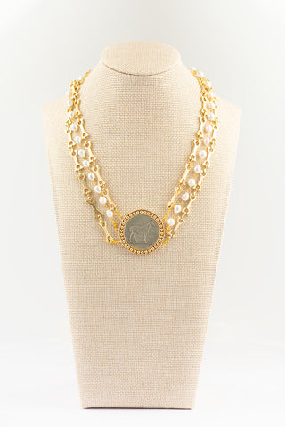 Triple Layer Equestrian Necklace with Ultra Baroque Pearls and Horse Bit Chain To Roam With Love