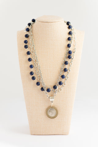 Triple Layer Lapis, Crystal and Silver Necklace with International Coin To Roam With Love