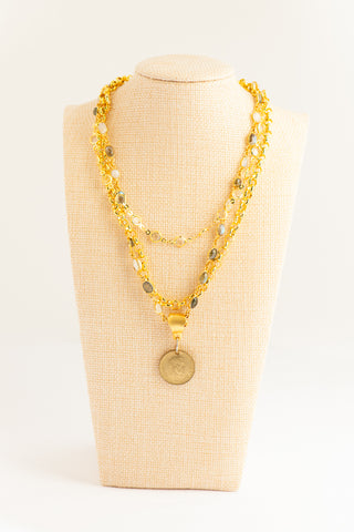 Triple Stand Necklace with Swarovski, Labradorite, Moonstone and International Coin To Roam With Love