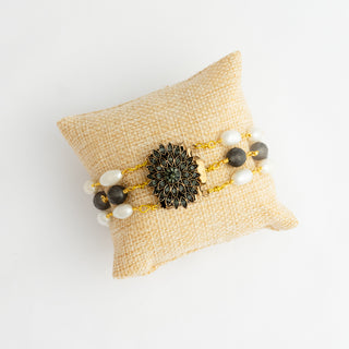 Triple Strand Pearl and Gray Jade Bracelet with Elaborate CZ Flower Box Clasp To Roam With Love