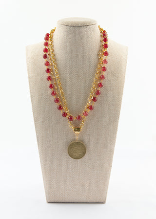 Triple Strand Pink Tourmaline Jade Necklace with Greek Drachma To Roam With Love