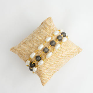 Triple Strand Pearl and Gray Jade Bracelet with Elaborate CZ Flower Box Clasp To Roam With Love