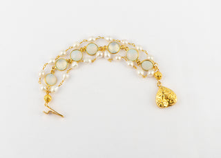 Triple Strand Bracelet with Ultra Baroque Pearls, Opalite and Gold Heart Box Clasp
