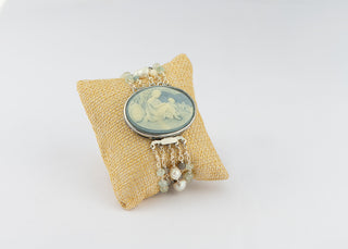 Vintage Wedgewood Blue Cameo with Mother and Child, Pearls, Aquamarine and Opal