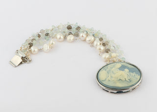 Vintage Wedgewood Blue Cameo with Mother and Child, Pearls, Aquamarine and Opal