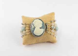Vintage Wedgwood Blue Woman Cameo Bracelet with Blue Opal and Rose Jade