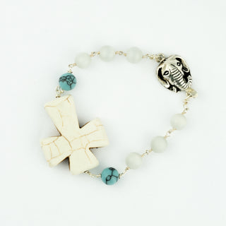 White Turquoise Cross Bracelet with Silver Elephant Box Clasp To Roam With Love