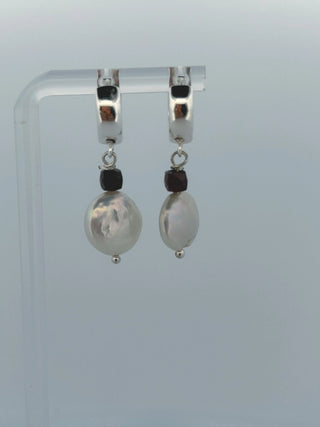 Freshwater Pearl & Garnet Drop Earrings on 925 Sterling Silver Hoops – Handmade Gemstone Jewelry To Roam With Love