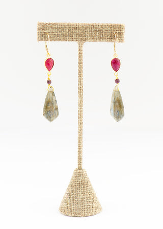 Fancy Labradorite and Ruby Earrings on Gold Filled Ear Hanger To Roam With Love
